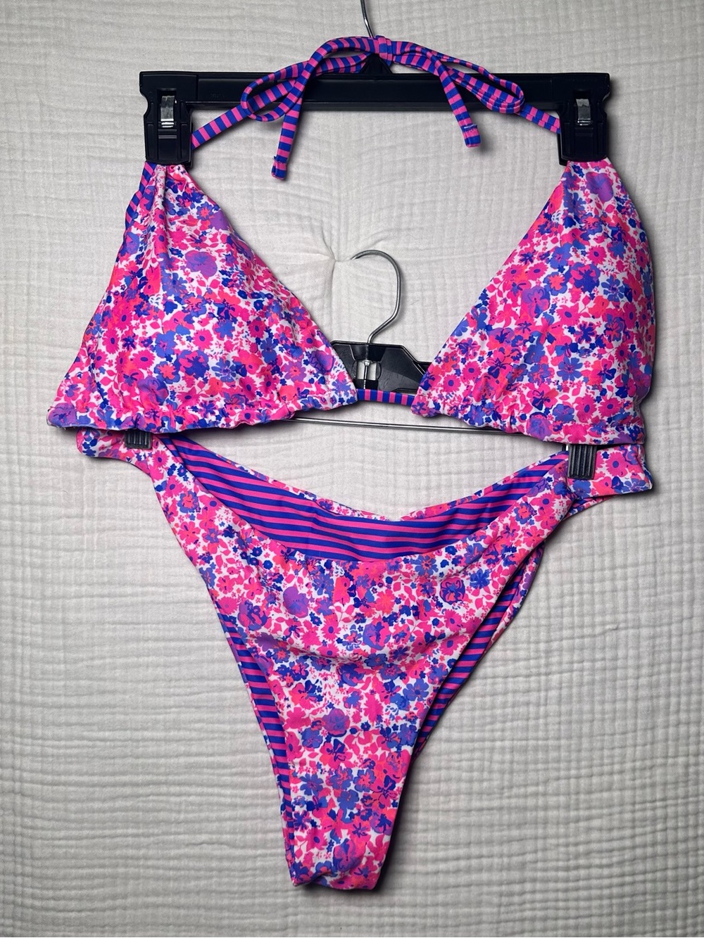 2-piece Vibrant Floral Stripe Reversible Triangle Halter Bikini Bathing Suit-XL